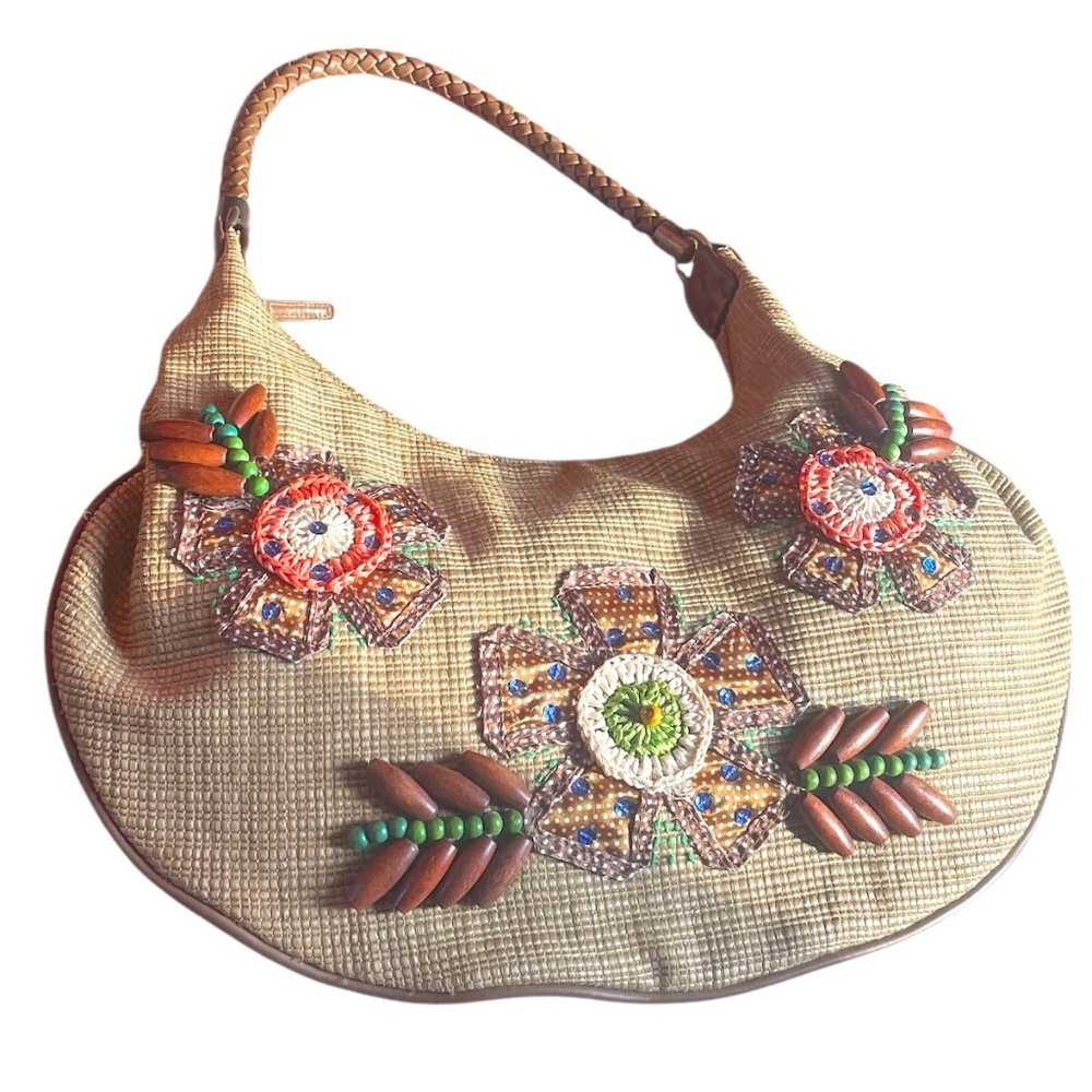 VINTAGE BEADED BOHO Tan & Brown Beaded Women's Bag